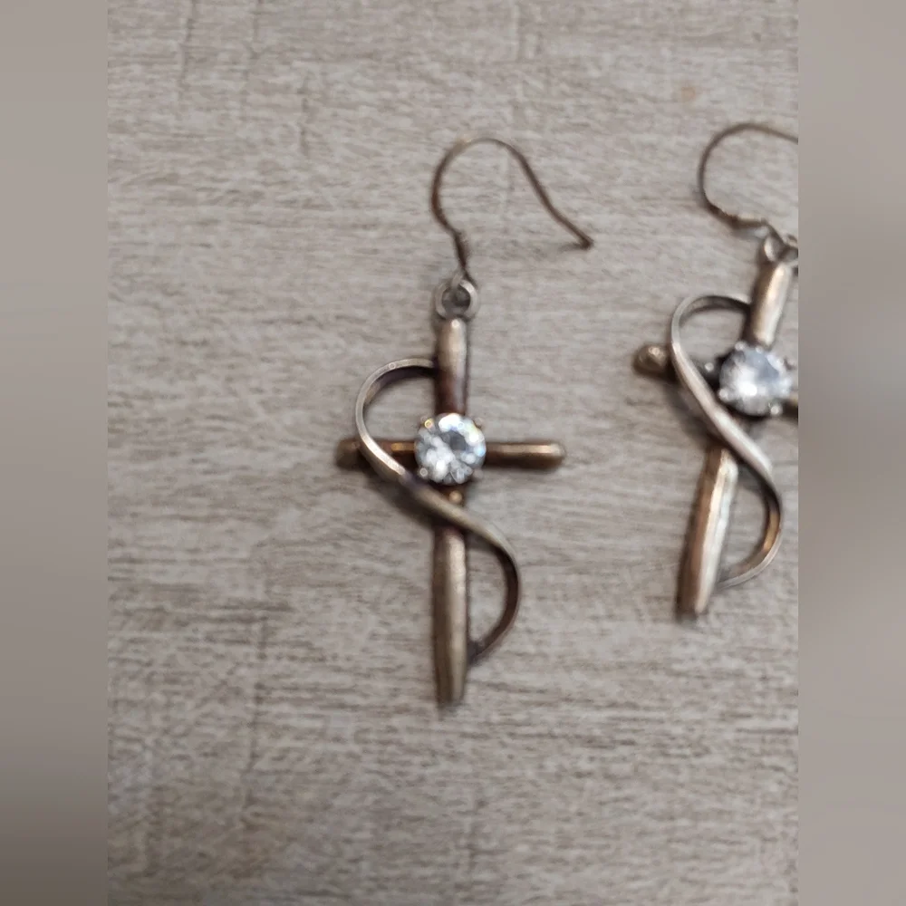 Vintage Christian Sterling Silver Cross Earrings with Clear Stone - Picture 2 of 4